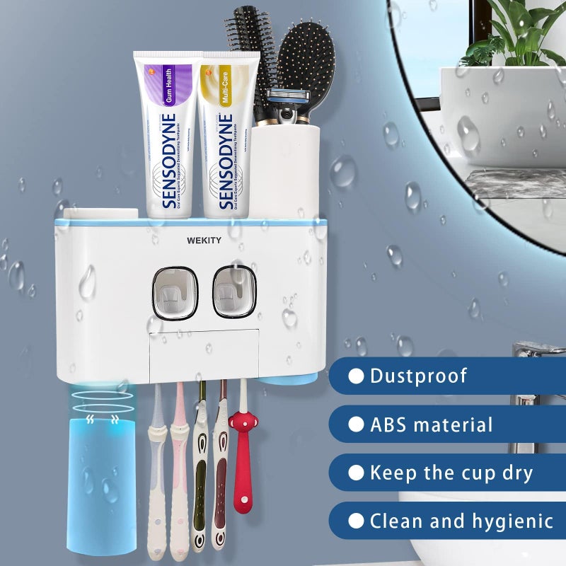Wekity Toothbrush Holder Wall Mounted, WEKITY Multi-Functional Toothbrush and Toothpaste Dispenser for Bathroom, with 5 Toothbrush Slots, 2 Toothpaste Squeezers and 4 Cups(Blue) - Image 4